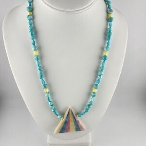 Vintage Karla Jordan Teal Mother Of‎ Pearl Shell Triangle Pendant Necklace